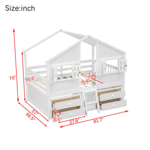 English Elm Full Size House Loft Bed With Roof & Windows, 4 Storage Drawers, Pine Wood, Safe Guardrails & Ladder W504S00242
