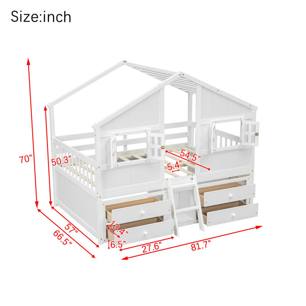 English Elm Full Size House Loft Bed With Roof & Windows, 4 Storage Drawers, Pine Wood, Safe Guardrails & Ladder W504S00242