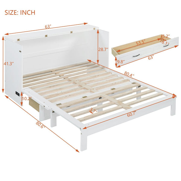 English Elm Queen Murphy Wall Bed with Usb Ports Storage Drawers and Cabinet Style Panel Front White N708S00010K-1