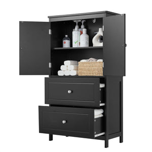 English Elm Bathroom Storage Cabinet with Two Doors and Drawers, Adjustable Shelf, MDF Finish, Slim 28"L x 15"W Black N725P188460B