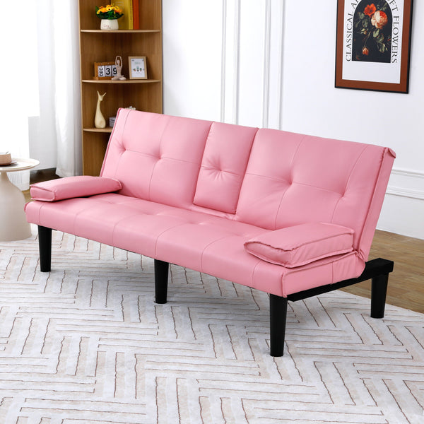 English Elm The 67-inch PVC multi-functional sofa bed with one-click fold, cup holders, sturdy wood frame for apartments Pink W3371P318142