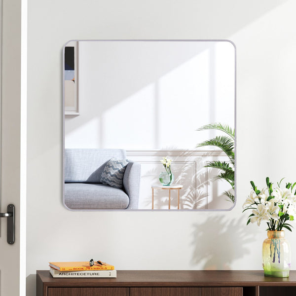 English Elm 30 30 in x 30 in Metal Framed Square Bathroom Mirror with Shatterproof HD Glass, Rust‑Resistant Frame Silver W2203P379072