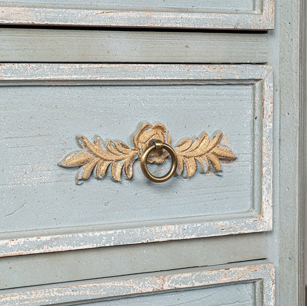 English Elm 24QJ0078 Distressed Light Blue Wood & Metal Cabinet with Two Drawers, Cream Top, Gold Accents, 37.4"L x 18.3"W x 37.8"H W2946P243868