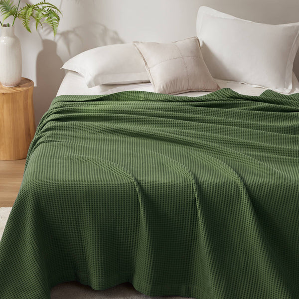 JLA Home Madison Park - Cotton Waffle Weave Blanket — Ultra-Soft 100% Breathable Cotton, Lightweight Year-Round Comfort, OEKO-TEX Certified Olive Green BR51N-5008