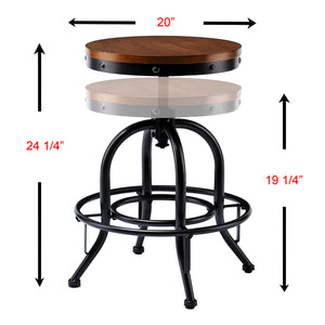 English Elm Industrial Adjustable Stool with Distressed Pine Seat and Curved Metal Frame, Height Adjustable Vintage Style Black B20479038