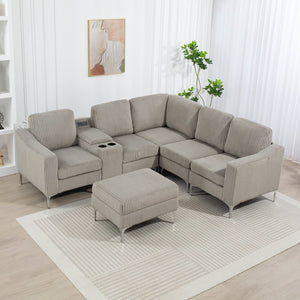 English Elm Upholstered Convertible Modular Corduroy Corner Sectional Sofa with Storage Ottoman, Cupholders, USB Ports and Chaise Gray W3098S00022