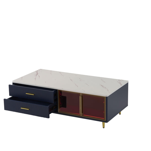 English Elm Modern Blue MDF Coffee Table 47.2" with Marble White Top, Gold Legs, 2 Glass Doors, 4 Drawers, LED N735P167910