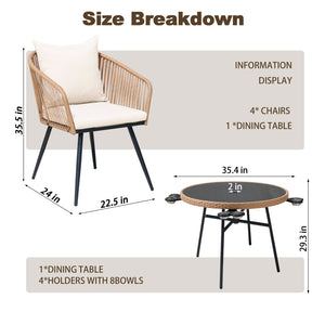 English Elm 5-piece Outdoor Wicker Dining Set with Round Glass Table and Cushioned Rattan Chairs White T5880S00011