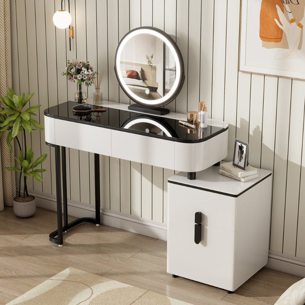 English Elm Modern Glass Top Vanity Table with Adjustable Legs Storage Cabinet and Round Mirror W3767P442396