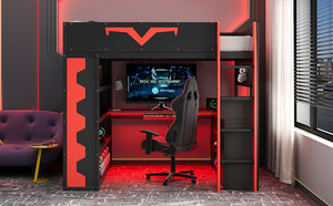 English Elm Full Size Gaming Loft Bed with Desk Rgb Lighting Power Outlet and Storage Drawer Red LT000285AAJ