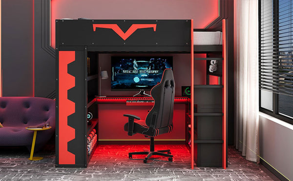 English Elm Full Size Gaming Loft Bed with Desk Rgb Lighting Power Outlet and Storage Drawer Red LT000285AAJ