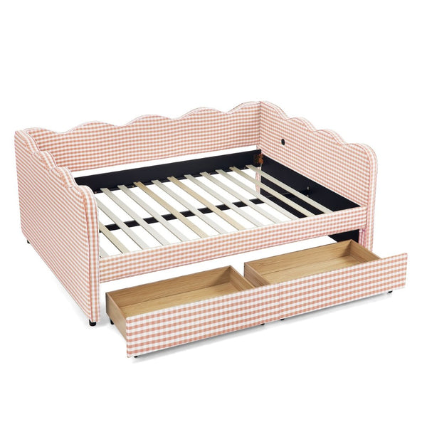 English Elm Full Size Gingham Linen Daybed with Wave Backrest Trundle and Usb Charging Port Pink W1413S00146