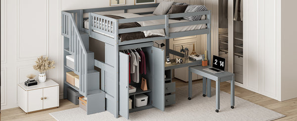 English Elm Queen Murphy Bed with Integrated Desk Cabinet Shelves Space Saving Studio Solution Gray N708S00014E