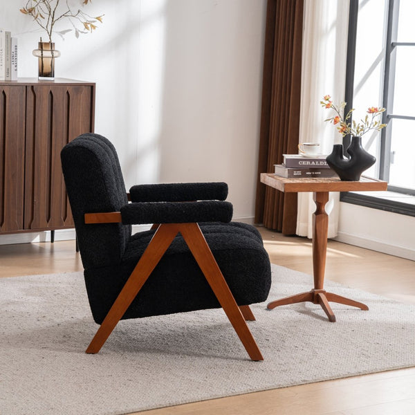 English Elm Mid-century Modern Chenille Accent Chair Cloud Silhouette Oak Frame Living Room Lounge Black W1170P425403