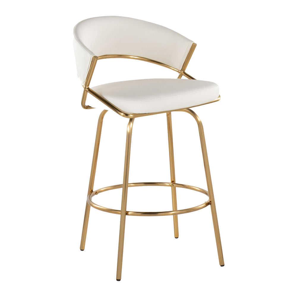 English Elm Jie Contemporary Counter Stool Set of 2 - Gold Metal Frame, White Faux Leather Swivel, Round Footrest B202S00335