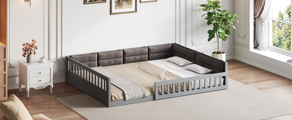 English Elm Wood Full Size Upholstered Platform Bed with Guardrail and Head Pillow, Sleek Silhouette, Sturdy 600lb Capacity Gray WF323090AAE