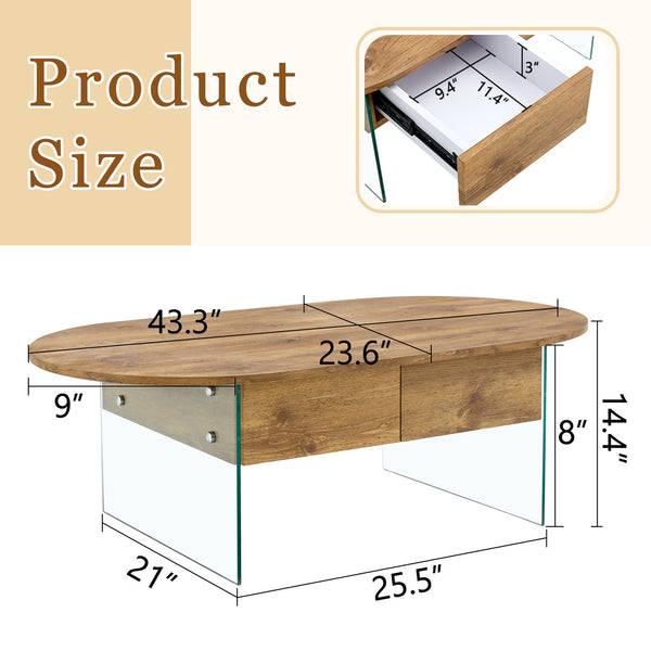 English Elm Cozy Natural Oval Coffee Table with Dual Drawers, Tempered Glass Legs, Wood Grain MDF Top, 43.3"x23.6" W1512P405601