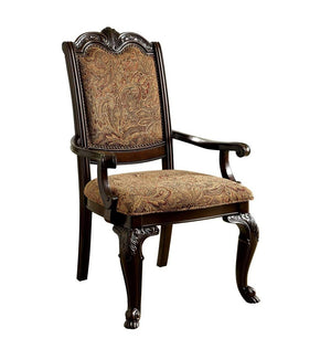 English Elm Formal Brown Cherry Arm Chairs Set of 2 — Solid Wood, Damask Upholstered Seats, Carved Detail, 44"H B011P287533