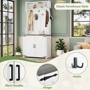 English Elm On-Trend Farmhouse 4-In-1 Hall Tree With Movable Bench, 7 Hooks, Shoe Storage & Barn Doors, White N721P205788K-GIGA