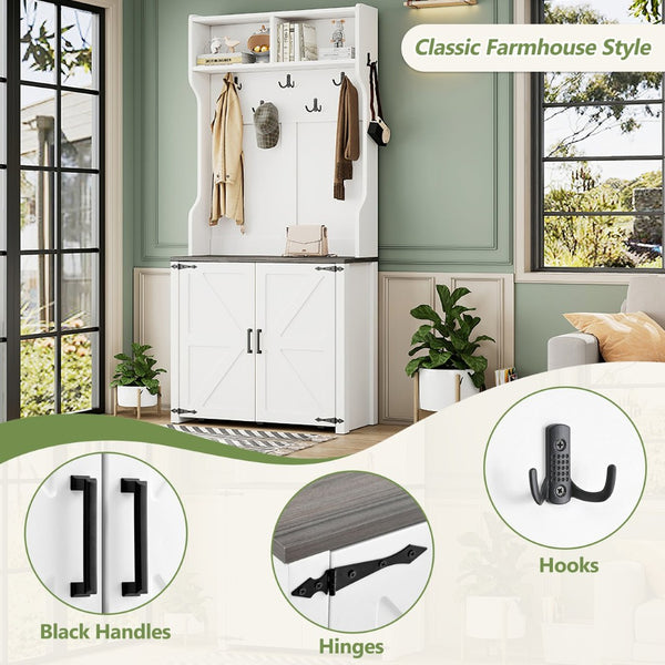 English Elm On-Trend Farmhouse 4-In-1 Hall Tree With Movable Bench, 7 Hooks, Shoe Storage & Barn Doors, White N721P205788K-GIGA