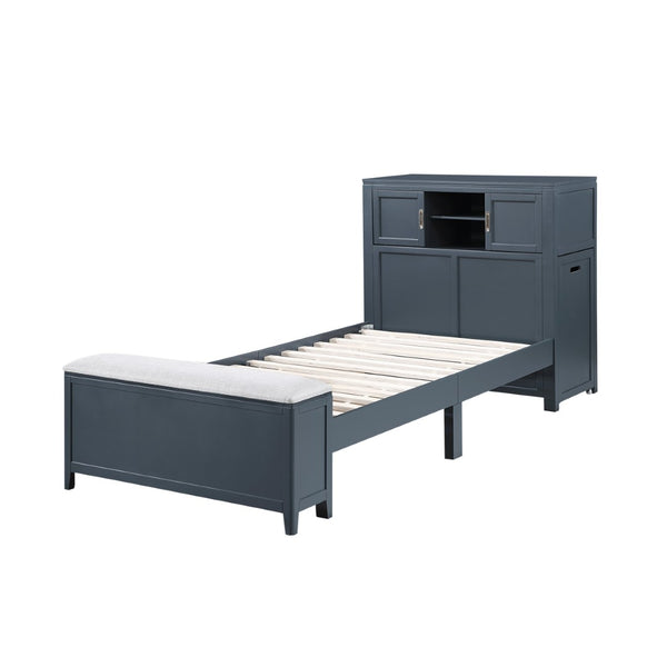 English Elm Gray Twin Platform Bed with Bookcase Headboard Hidden Desk Stool and Footboard Bench Navy Blue B011S02312
