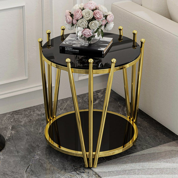 English Elm 19.69inch Gold Round Coffee Table with Crown Frame, 8mm Tempered Glass, Stainless Steel Base, Chic Storage Black W1550P171469