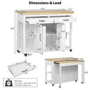 English Elm K&k Farmhouse Kitchen Island Extendable Table Rubber Wood Veneer Built-in Charging Storage White N707S215327W