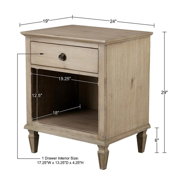 English Elm Victoria Nightstand — French Country Wire-Brushed Birch Veneer, Antique Silver Pulls, Glide Drawer, Shelf B03548937