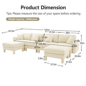 English Elm Boucle U-Shape Sectional Sofa For 4, Stylish Shell Armrests & Movable Ottomans In Beige Comfort W3041S00281