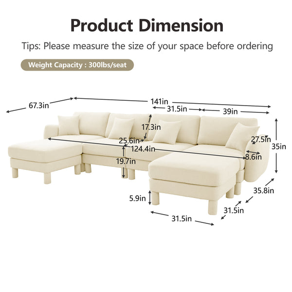 English Elm Boucle U-Shape Sectional Sofa For 4, Stylish Shell Armrests & Movable Ottomans In Beige Comfort W3041S00281