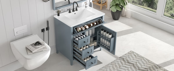 English Elm 30-Inch Contemporary Bathroom Vanity with Sink, MDF & Rubberwood, Glossy Finish, 3 Drawers + Cabinet Blue Gray N725P350819E
