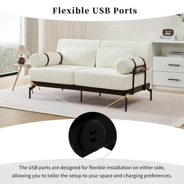 English Elm Modern Loveseat Sofa with Cylindrical Armrests, Built-In USB Ports, Chenille Cushions, Steel Frame Beige N719P290584A