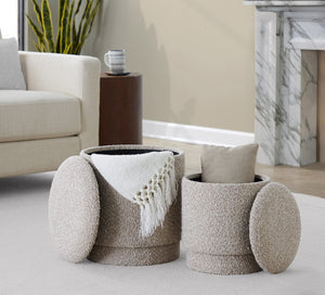 English Elm Ottoman Set Nesting Storage Cubes Upholstered in Rich Fabric for Modern Living Spaces Light Brown B202P471502