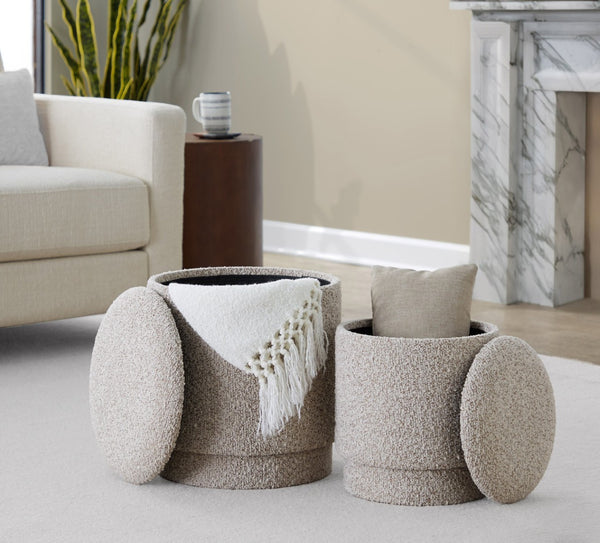 English Elm Ottoman Set Nesting Storage Cubes Upholstered in Rich Fabric for Modern Living Spaces Light Brown B202P471502