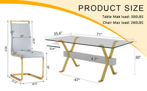 English Elm Table Elegance: 71"X35.4" Clear Glass Dining Set With 8 Light Gray Pu Chairs & Golden Legs W1151S02366-GIGA