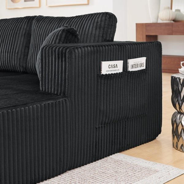 English Elm 132" U-shaped Modular Corduroy Sectional with Deep Foam Cushions for Living Room Black W5802S00001