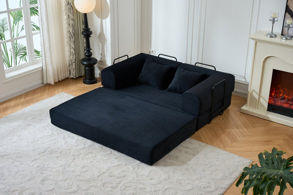 English Elm 59'' Corduroy Floor Sofa Convertible Sleeper with Bolster Pillow for Studio Living Black W3434P449858