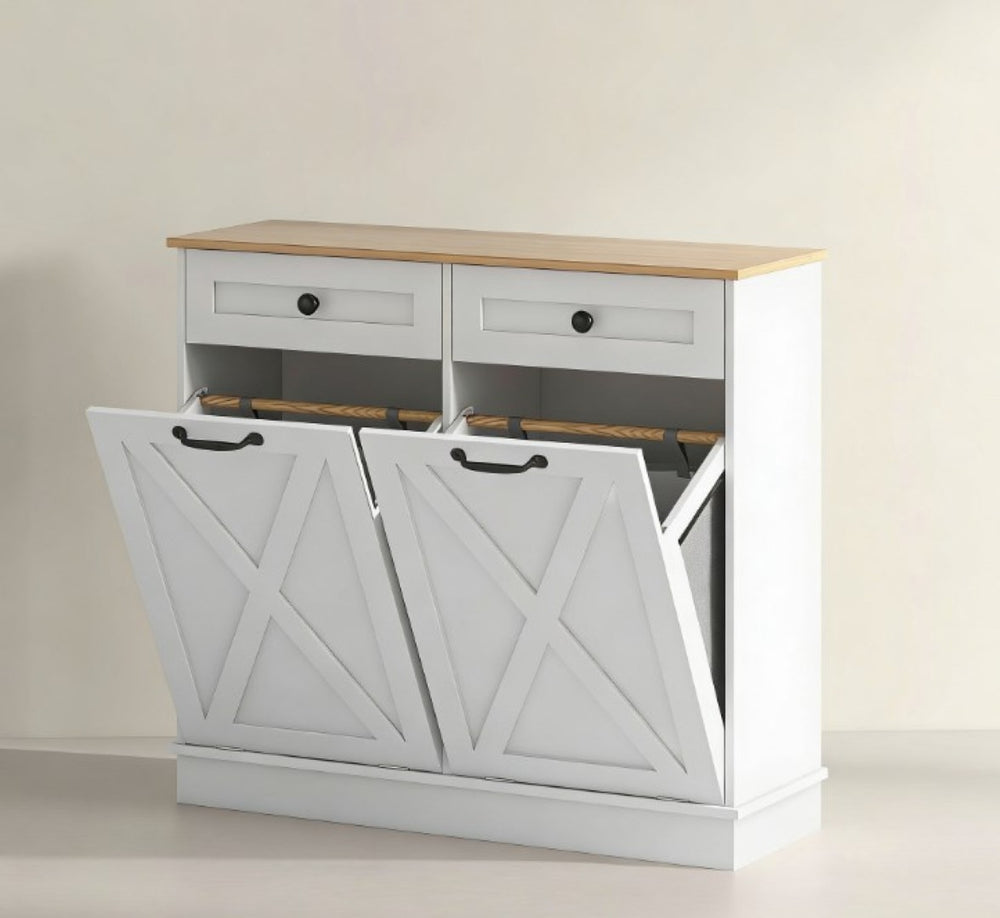 English Elm Bathroom Tilt Out Hamper Cabinet White Mdf Freestanding Laundry Sorter with Drawers T3971P430867