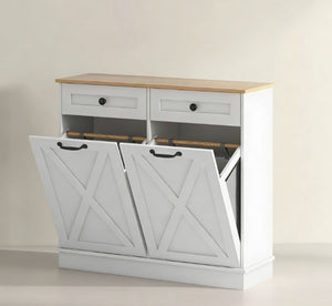 English Elm Bathroom Tilt Out Hamper Cabinet White Mdf Freestanding Laundry Sorter with Drawers T3971P430867