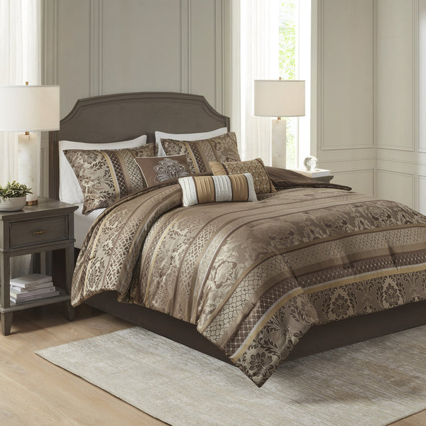 English Elm 7 Piece Jacquard Comforter Set - Luxurious Brown/Gold King Bedding With Decorative Pillows & Shams B03597001