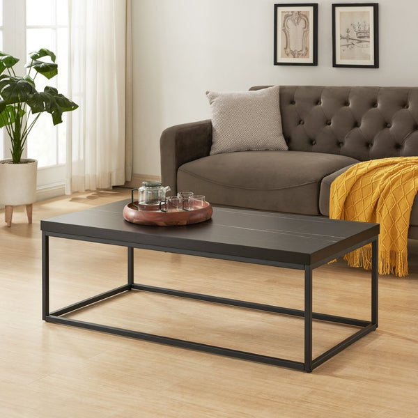 English Elm 47" Faux Stone Slab Coffee Table with Powder-coated Steel Frame for Modern Loft Living Black Marble-Look Sintered Stone W3151P400579