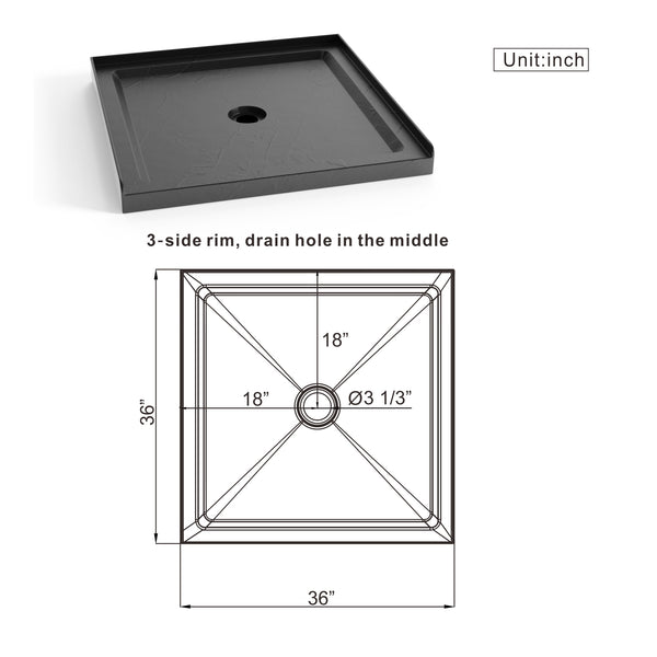 English Elm Goodyo Slate Black 36"x36" Anti-Slip Shower Base 3.5" Single Threshold Center Drain Durable Slip-Resistant D163111781
