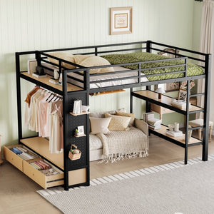 English Elm Queen Loft Bed Frame With Wardrobe & Shelves - Modern Metal Design For Space-Saving Storage & Work W1580S00233-GIGA