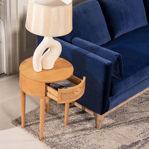 English Elm Jennifer Taylor Home - Cabana Natural Brown Oak 18" Round Cane Rattan Storage Side Table with Drawer & Wood Finish B2719P238487