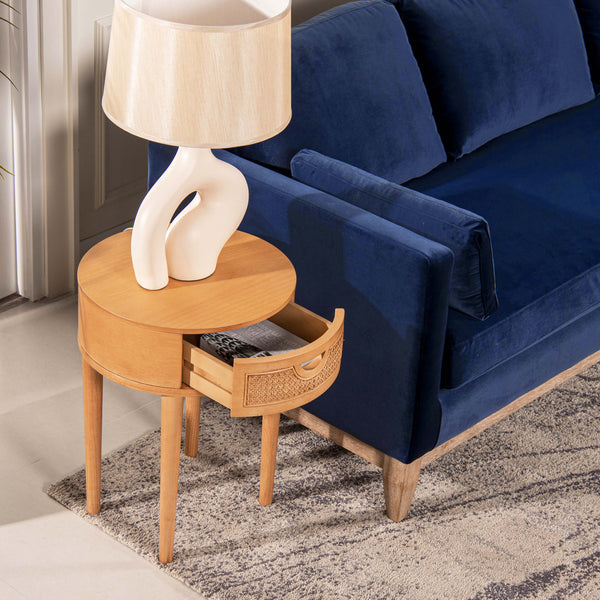 English Elm Jennifer Taylor Home - Cabana Natural Brown Oak 18" Round Cane Rattan Storage Side Table with Drawer & Wood Finish B2719P238487
