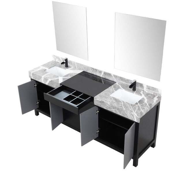 English Elm Black Double Bath Vanity 80" W With Castle Grey Marble Top, Matte Black Faucet & Stylish Mirrors B2731S01161