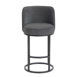 English Elm Counter Height Barstools Set of 2 Linen Upholstered Barrel Seat with Iron Legs Gray W395P410436