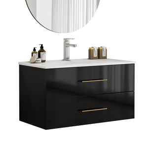 English Elm 36-Inch Modern Wall-Mounted Bathroom Vanity With Gold Handle & Integrated Sink For Stylish Storage W3151S00056