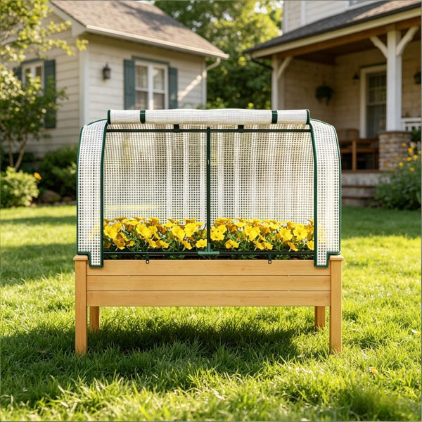 English Elm Outdoor Raised Planter Box Fir Wood Steel Frame with Pe Cover for Patio Garden T3971P505770
