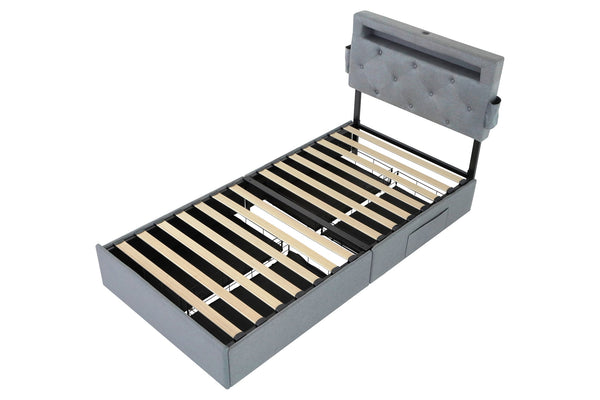 English Elm Twin Upholstered Bed Frame with Headboard, 4 Storage Drawers, USB Ports, RGB LED Mood Lighting W1960P175563